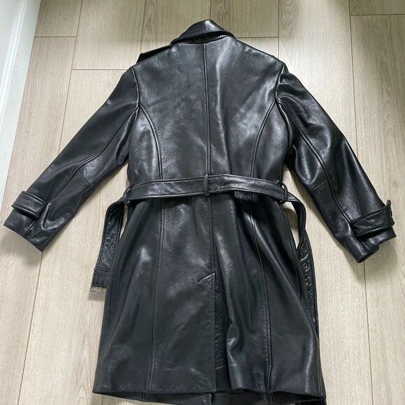Calvin Klein Genuine Leather Trench Coat Women Small Black Classic Elegant Retro - Picture 2 of 15